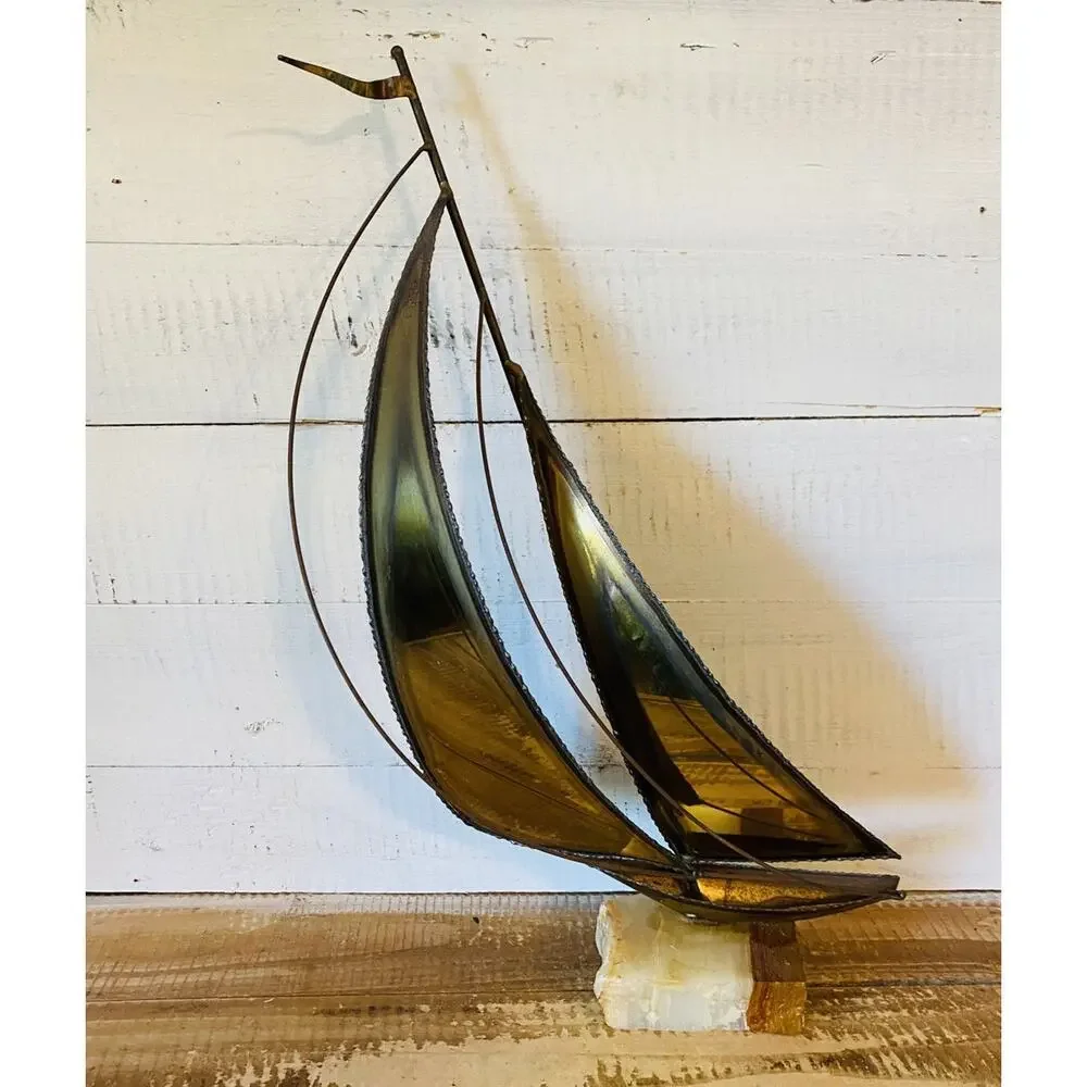Vintage Mid Century Brass Sailboat Sculpture Stone Base Signed 15.25